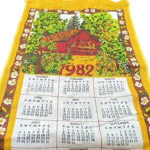 Vintage 1982 Calendar Tea Towel With Rustic Covered Bridge Design Cotton